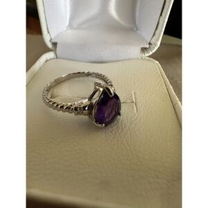 Elegant Pear Cut Natural Amethyst and Diamond Sterling Silver Ring